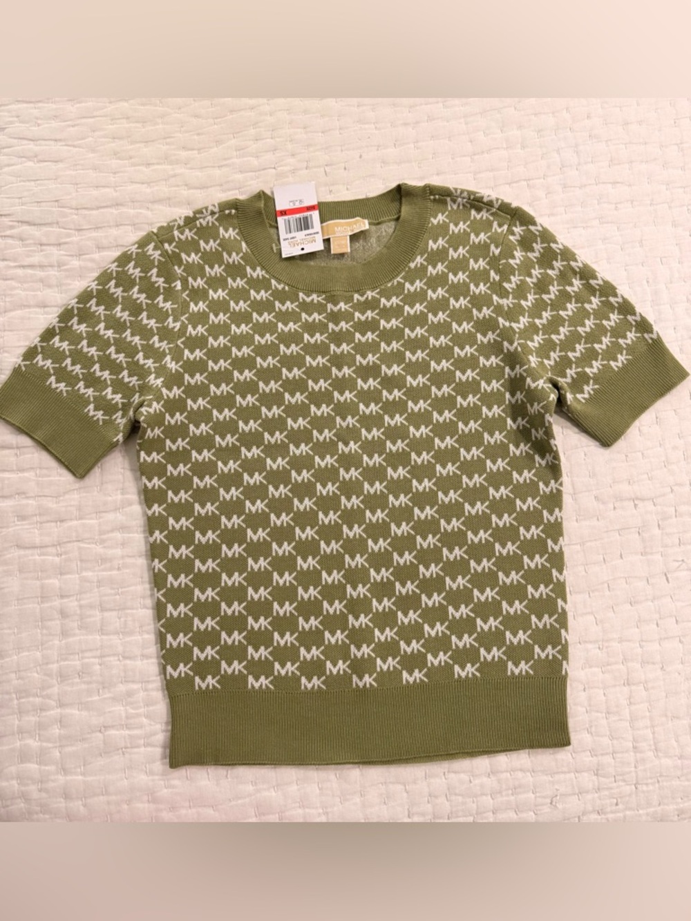 MICHAEL Michael Kors Olive Green and White MK Logo Short Sleeve Sweater